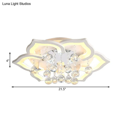 DecorBites™ 6/16/20 White Flush Mount Ceiling Light for Living Room - Warm/White Light, Floral Acrylic Shade, Crystal Drop