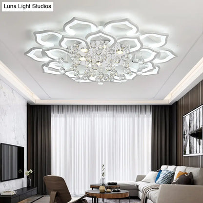 DecorBites™ 6/16/20 White Flush Mount Ceiling Light for Living Room - Warm/White Light, Floral Acrylic Shade, Crystal Drop
