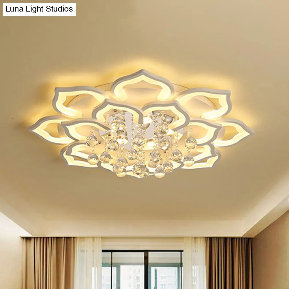 DecorBites™ 6/16/20 White Flush Mount Ceiling Light for Living Room - Warm/White Light, Floral Acrylic Shade, Crystal Drop