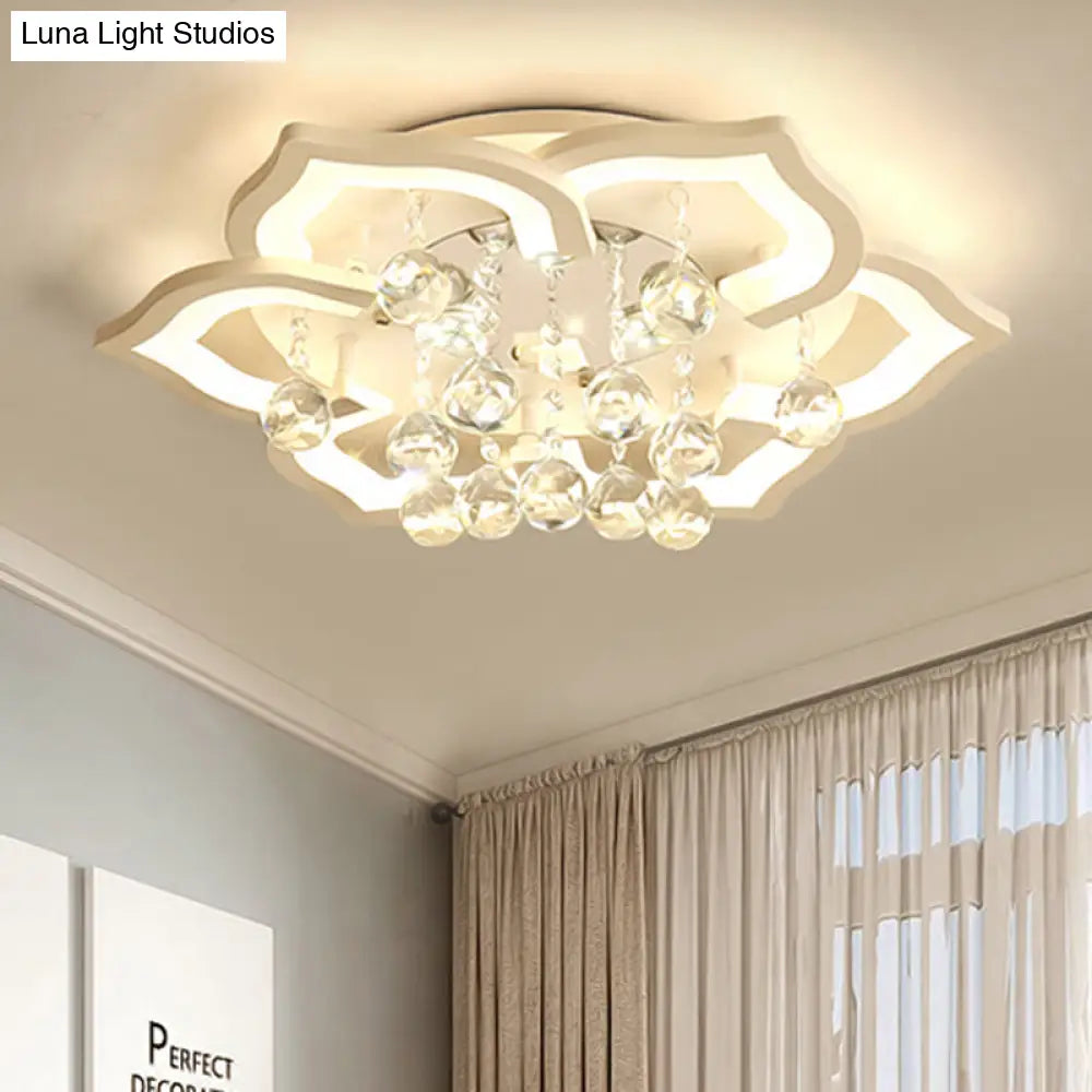 DecorBites™ 6/16/20 White Flush Mount Ceiling Light for Living Room - Warm/White Light, Floral Acrylic Shade, Crystal Drop