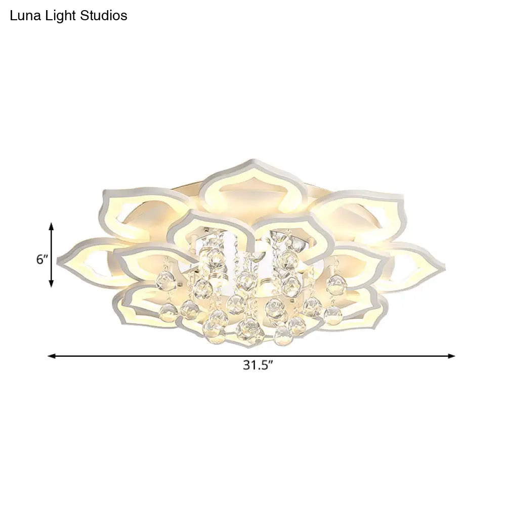 DecorBites™ 6/16/20 White Flush Mount Ceiling Light for Living Room - Warm/White Light, Floral Acrylic Shade, Crystal Drop