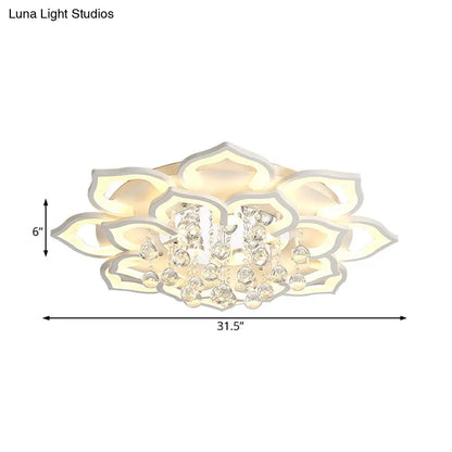 DecorBites™ 6/16/20 White Flush Mount Ceiling Light for Living Room - Warm/White Light, Floral Acrylic Shade, Crystal Drop