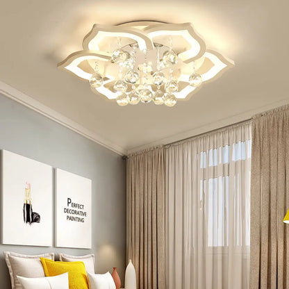 DecorBites™ 6/16/20 White Flush Mount Ceiling Light for Living Room - Warm/White Light, Floral Acrylic Shade, Crystal Drop