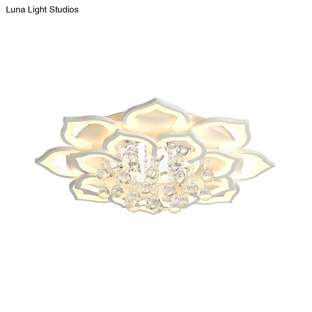DecorBites™ 6/16/20 White Flush Mount Ceiling Light for Living Room - Warm/White Light, Floral Acrylic Shade, Crystal Drop