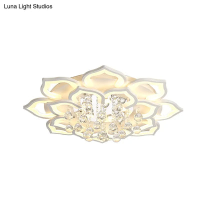 DecorBites™ 6/16/20 White Flush Mount Ceiling Light for Living Room - Warm/White Light, Floral Acrylic Shade, Crystal Drop