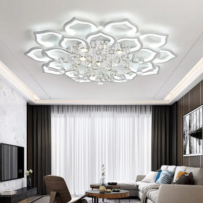 DecorBites™ 6/16/20 White Flush Mount Ceiling Light for Living Room - Warm/White Light, Floral Acrylic Shade, Crystal Drop