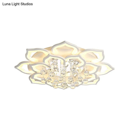 DecorBites™ 6/16/20 White Flush Mount Ceiling Light for Living Room - Warm/White Light, Floral Acrylic Shade, Crystal Drop