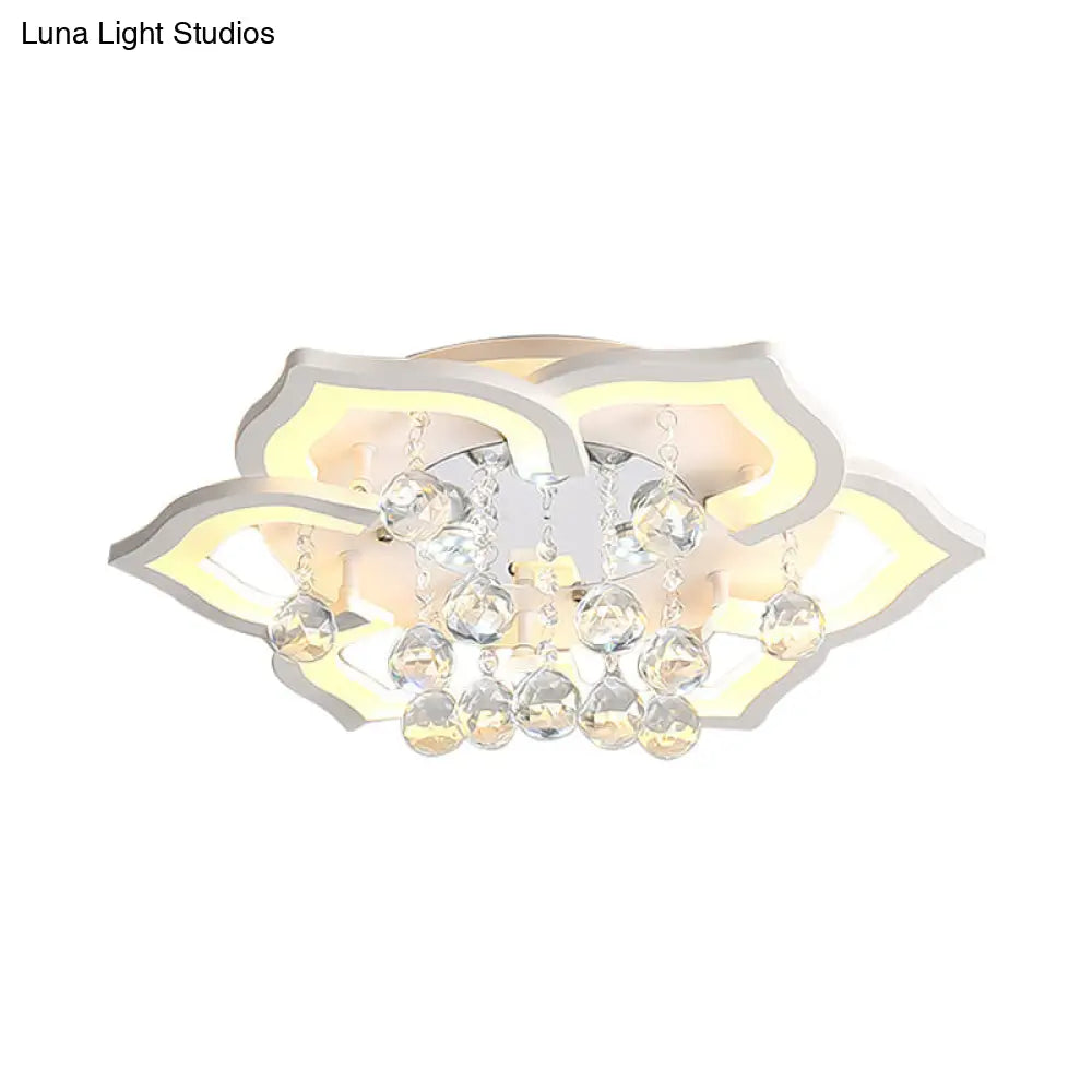 DecorBites™ 6/16/20 White Flush Mount Ceiling Light for Living Room - Warm/White Light, Floral Acrylic Shade, Crystal Drop