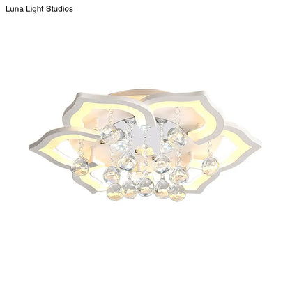 DecorBites™ 6/16/20 White Flush Mount Ceiling Light for Living Room - Warm/White Light, Floral Acrylic Shade, Crystal Drop