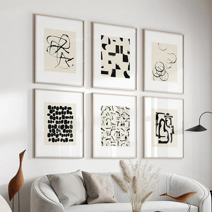6 Black & Beige Abstract Canvas Poster Prints - Posters