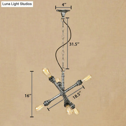 Lámpara de araña Sputnik de restaurante, de 6 bombillas, color plata antigua, con iluminación colgante de hierro y tubo.