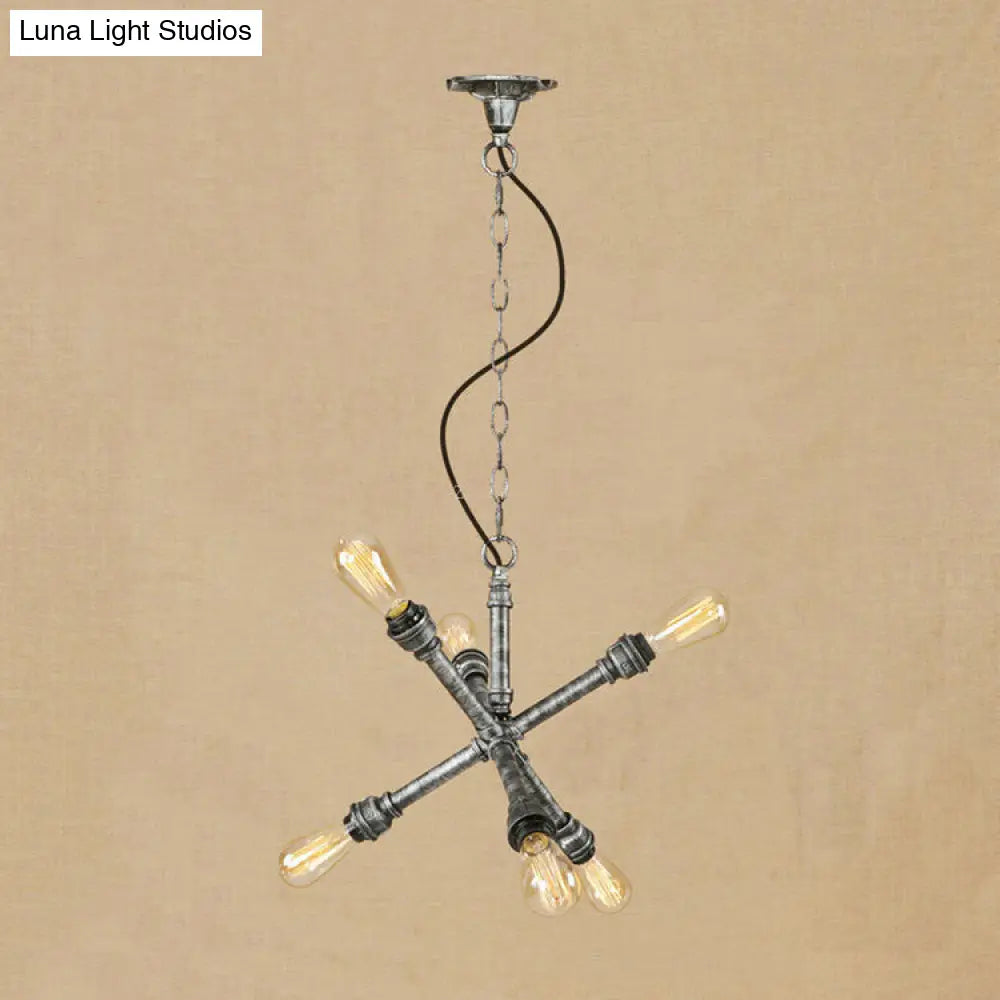 Lámpara de araña Sputnik de restaurante, de 6 bombillas, color plata antigua, con iluminación colgante de hierro y tubo.