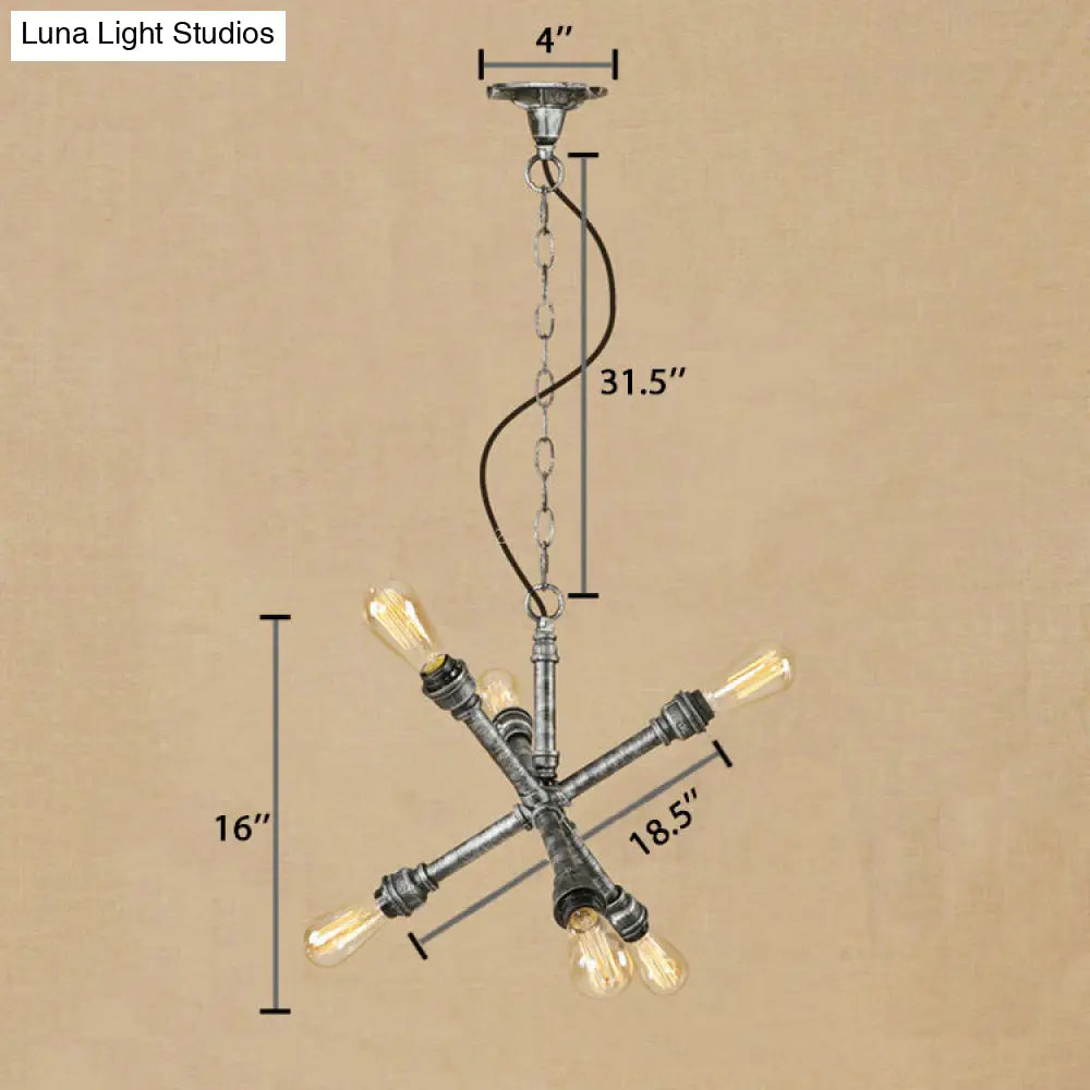 Lámpara de araña Sputnik de restaurante, de 6 bombillas, color plata antigua, con iluminación colgante de hierro y tubo.