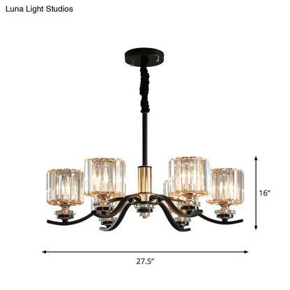 Lámpara de techo colgante cilíndrica negra de 6 bombillas con prismas de cristal - Elegante lámpara de araña para dormitorio
