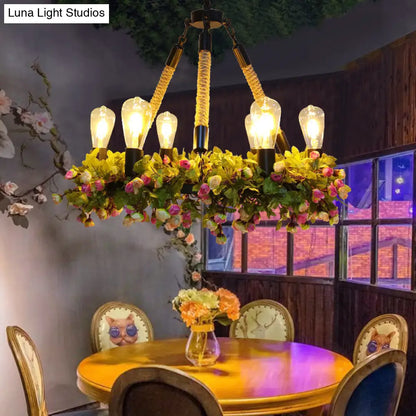 Lámpara de techo LED industrial de metal con 6 bombillas - Colgante de techo con bombillas expuestas en negro con detalles de rosa