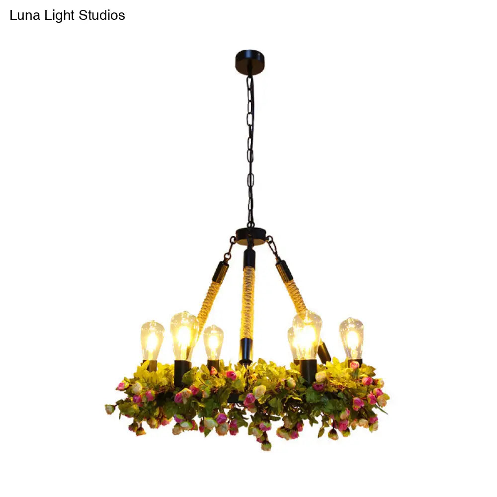 Lámpara de techo LED industrial de metal con 6 bombillas - Colgante de techo con bombillas expuestas en negro con detalles de rosa