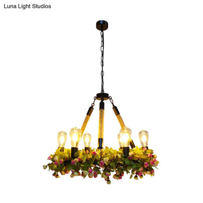 Lámpara de techo LED industrial de metal con 6 bombillas - Colgante de techo con bombillas expuestas en negro con detalles de rosa