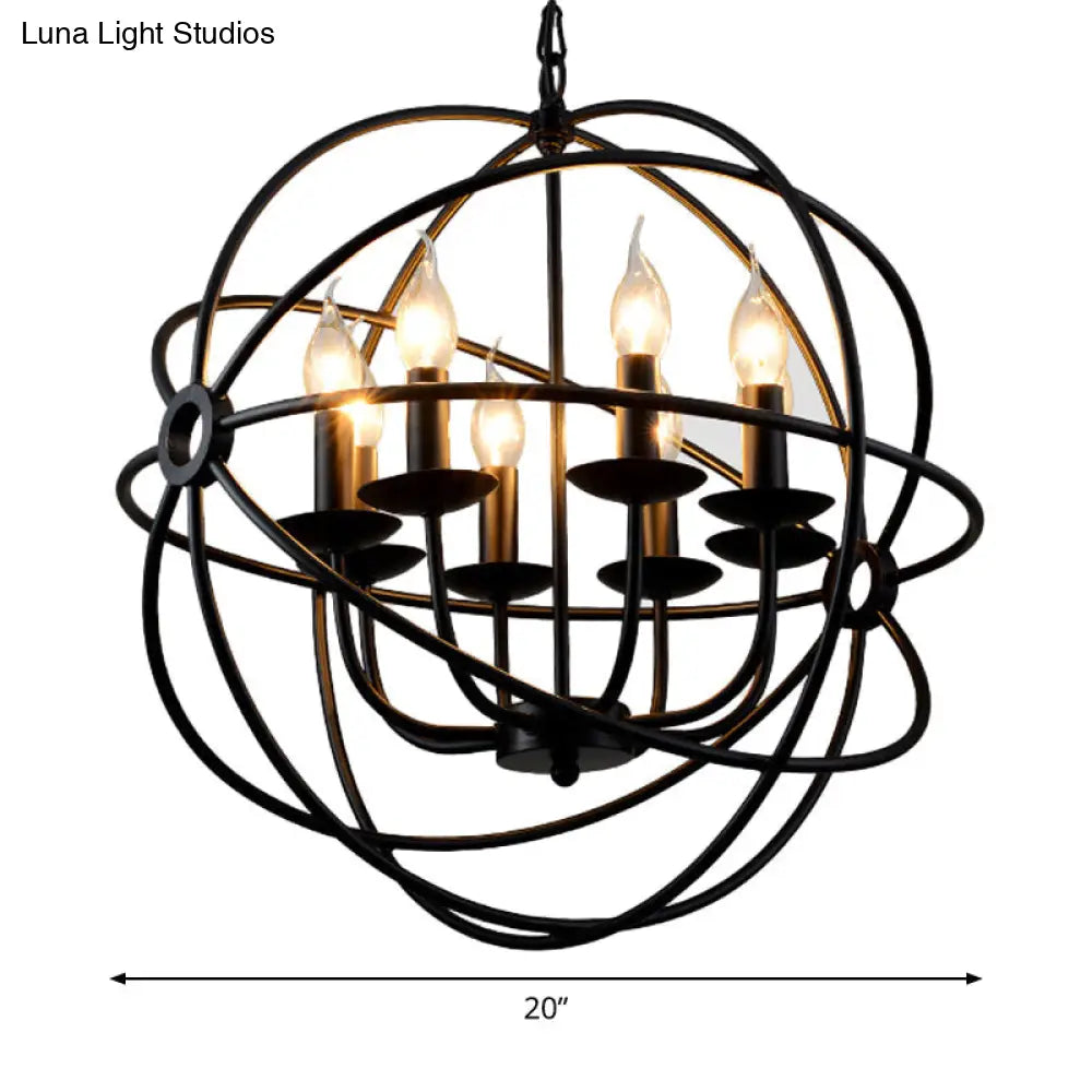 6-Bulb Spherical Hanging Light: Black Iron Chandelier Pendant for Restaurants