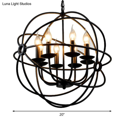 6-Bulb Spherical Hanging Light: Black Iron Chandelier Pendant for Restaurants