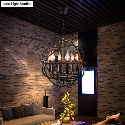 Lámpara colgante esférica de 6 bombillas: Lámpara de araña colgante de hierro negro para restaurantes