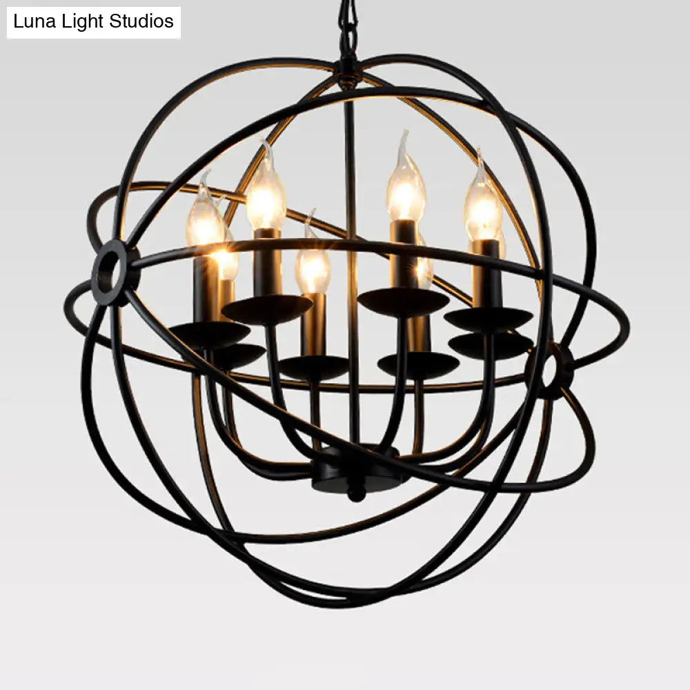 6-Bulb Spherical Hanging Light: Black Iron Chandelier Pendant for Restaurants