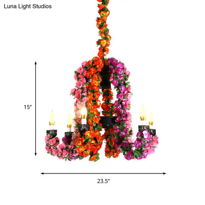 Kit de lámpara colgante metálica de 6 cabezales: Lámpara de araña morada con brazo curvo y decoración floral - Iluminación industrial para restaurantes