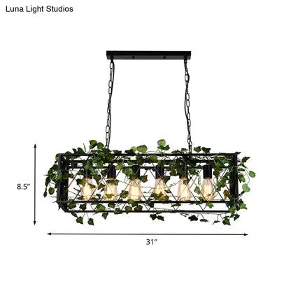 DecorBites™ 6-Head Metal Island Pendant - Antique Black Rectangular LED Down Lighting for Restaurants with Plant Decor