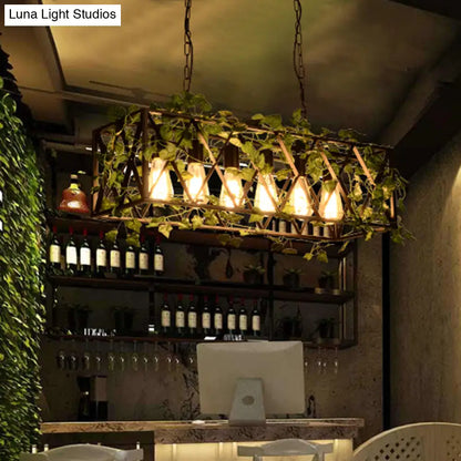 DecorBites™ 6-Head Metal Island Pendant - Antique Black Rectangular LED Down Lighting for Restaurants with Plant Decor