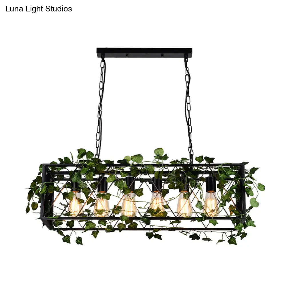 DecorBites™ 6-Head Metal Island Pendant - Antique Black Rectangular LED Down Lighting for Restaurants with Plant Decor