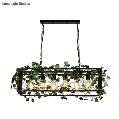 DecorBites™ 6-Head Metal Island Pendant - Antique Black Rectangular LED Down Lighting for Restaurants with Plant Decor