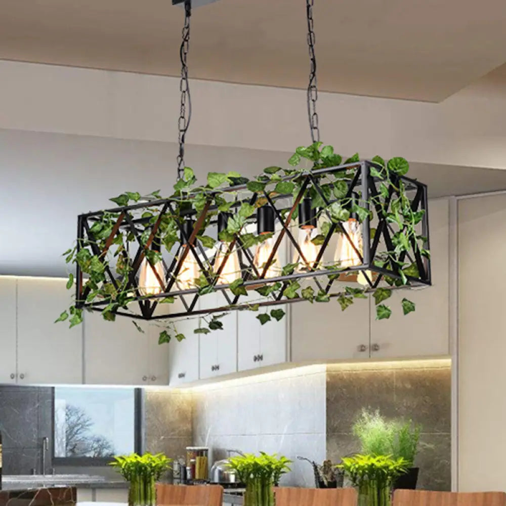 DecorBites™ 6-Head Metal Island Pendant - Antique Black Rectangular LED Down Lighting for Restaurants with Plant Decor