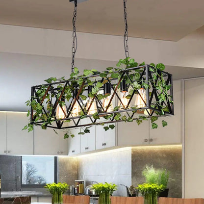 DecorBites™ 6-Head Metal Island Pendant - Antique Black Rectangular LED Down Lighting for Restaurants with Plant Decor