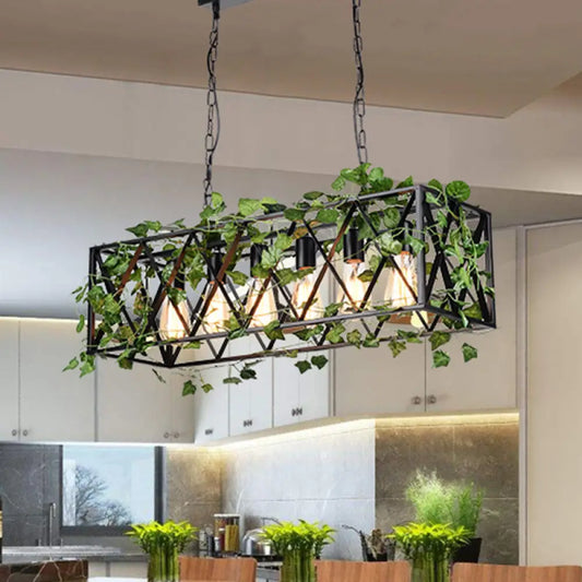 DecorBites™ 6-Head Metal Island Pendant - Antique Black Rectangular LED Down Lighting for Restaurants with Plant Decor