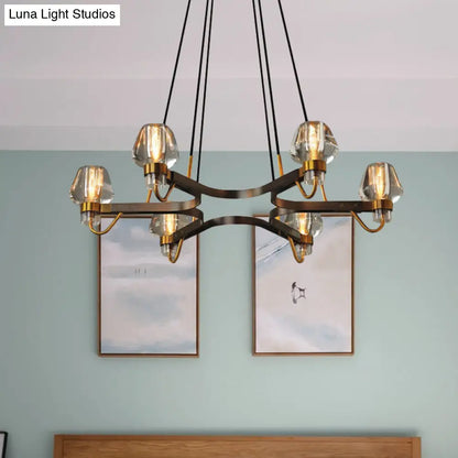 Lámpara de araña de cristal bronce antiguo de 6 luces con marco hexagonal