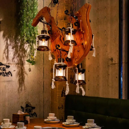 ثريا ديكوربايتس™ لغرفة الطعام بستة مصابيح مع غطاء زجاجي شفاف من الكيروسين - مصباح معلق من الخشب المصنع