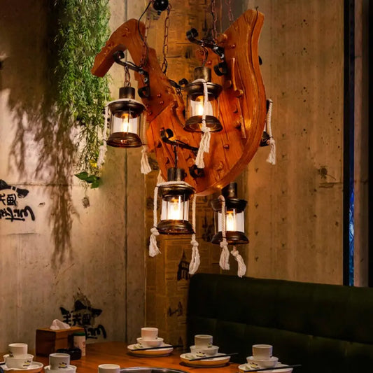 DecorBites™ 6-Light Dining Room Island Chandelier with Kerosene Clear Glass Shade - Factory Wood Hanging Light