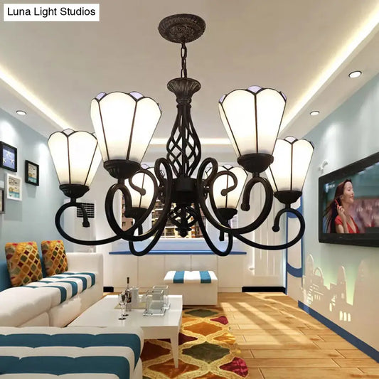 Lámpara de techo floral de 6 luces, pantalla de cristal artístico estilo Tiffany con cadena ajustable - Lámpara de techo blanca para sala de estar