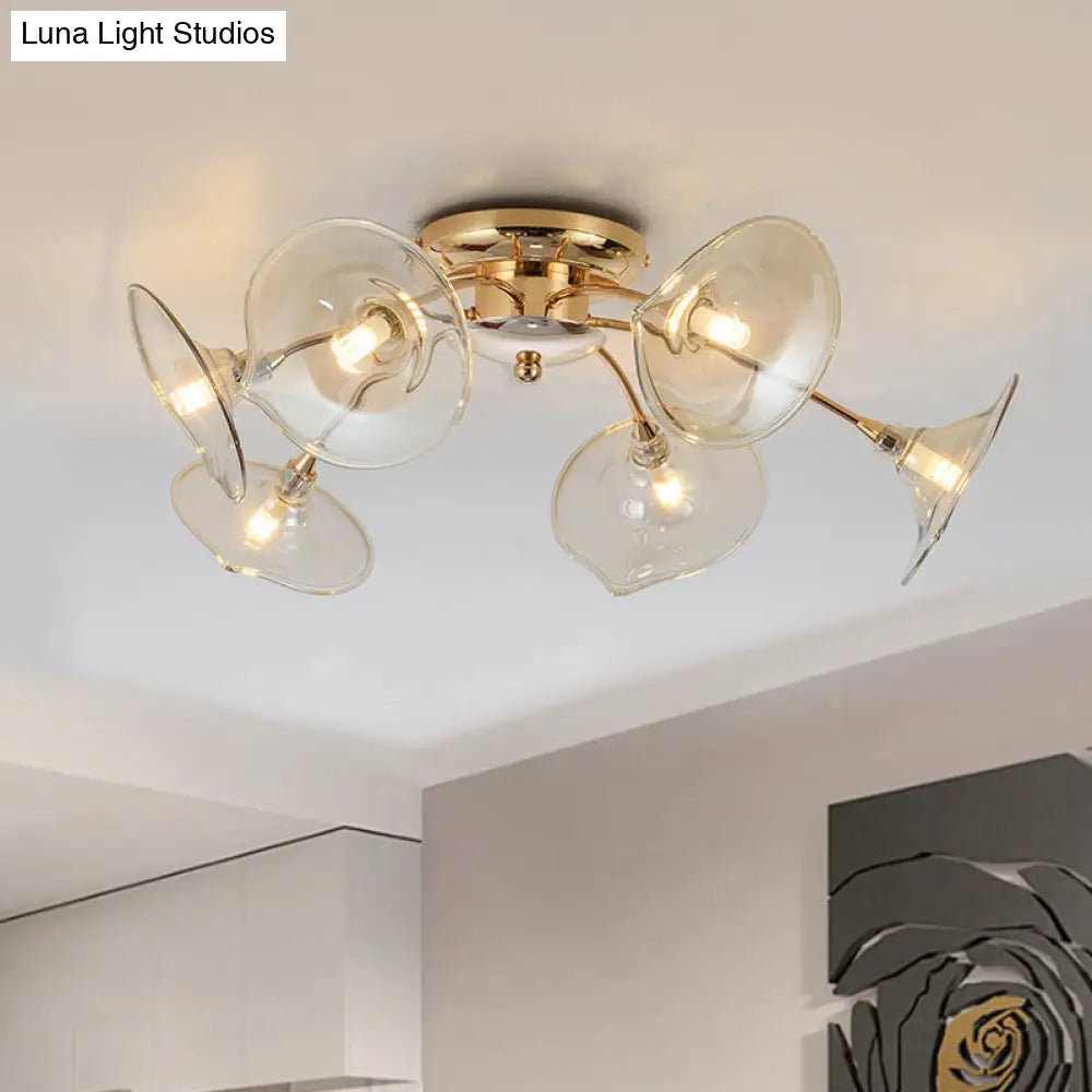 6-Light Nordic Gold Semi Flush Mount Ceiling Lamp with Trumpet Glass Shades for Dining Room