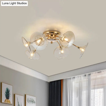 6-Light Nordic Gold Semi Flush Mount Ceiling Lamp with Trumpet Glass Shades for Dining Room