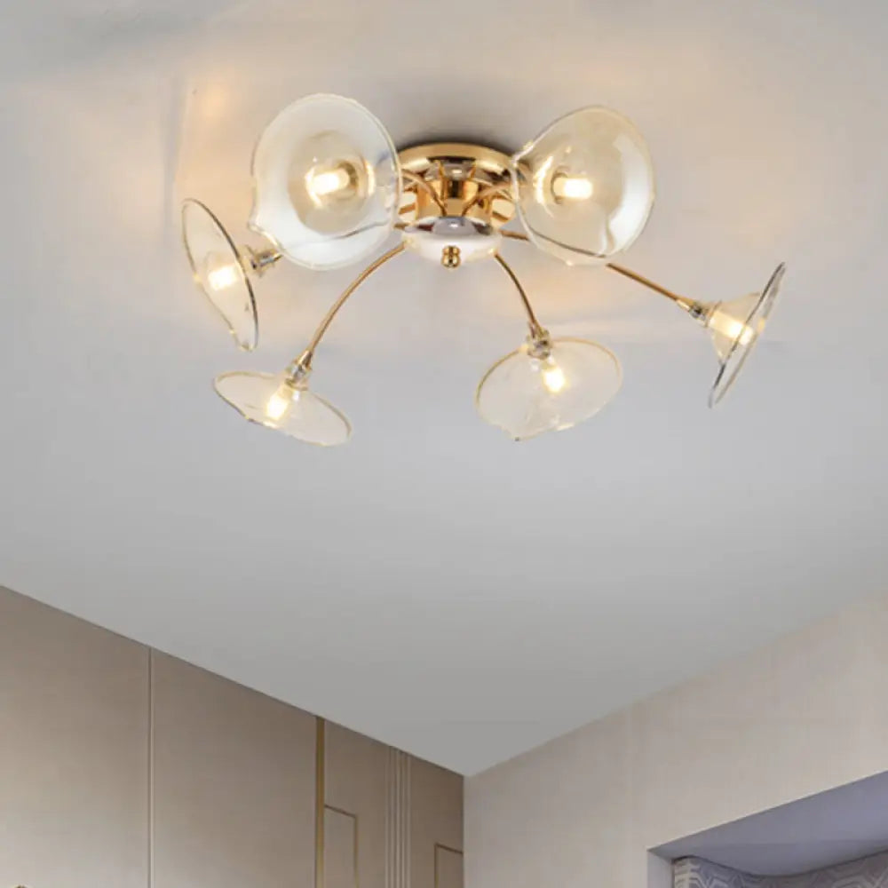 6-Light Nordic Gold Semi Flush Mount Ceiling Lamp with Trumpet Glass Shades for Dining Room