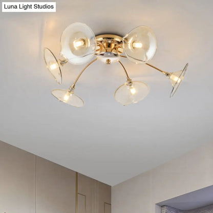 6-Light Nordic Gold Semi Flush Mount Ceiling Lamp with Trumpet Glass Shades for Dining Room