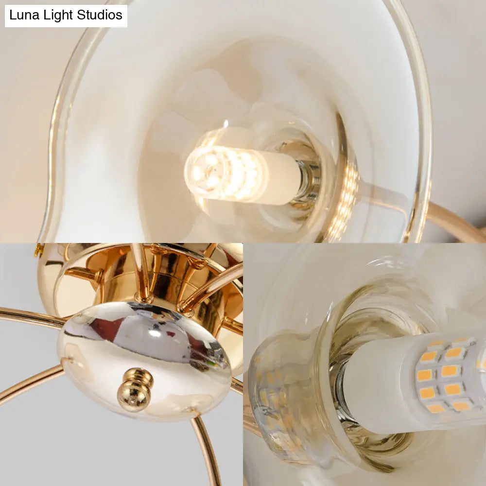 6-Light Nordic Gold Semi Flush Mount Ceiling Lamp with Trumpet Glass Shades for Dining Room