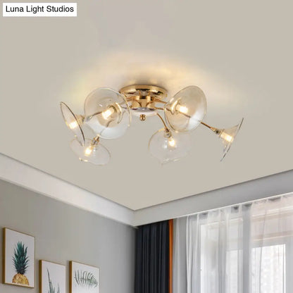 6-Light Nordic Gold Semi Flush Mount Ceiling Lamp with Trumpet Glass Shades for Dining Room