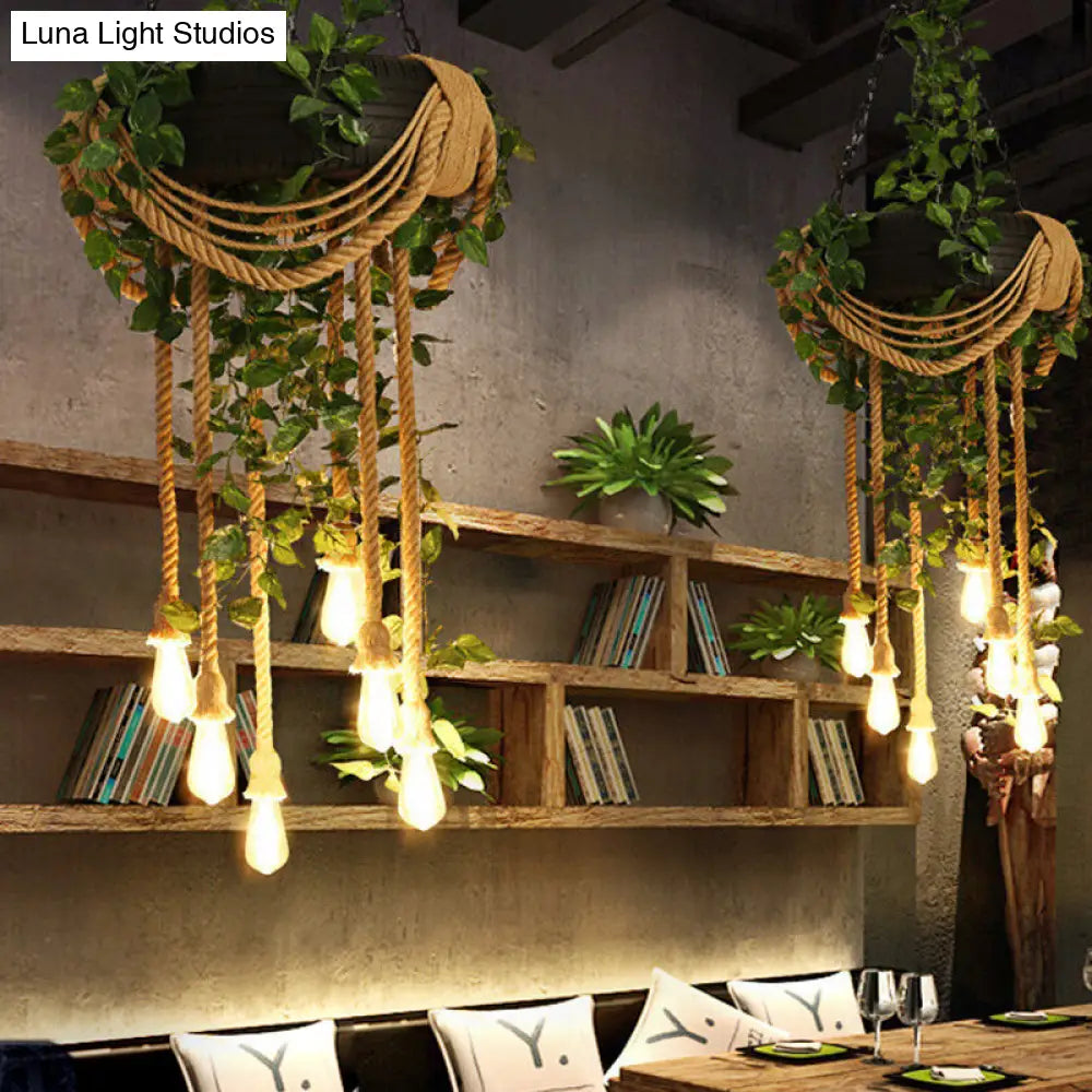Lámpara de araña colgante de cuerda de cáñamo rosa/verde de 6 luces con bombilla expuesta y decoración de neumático de goma
