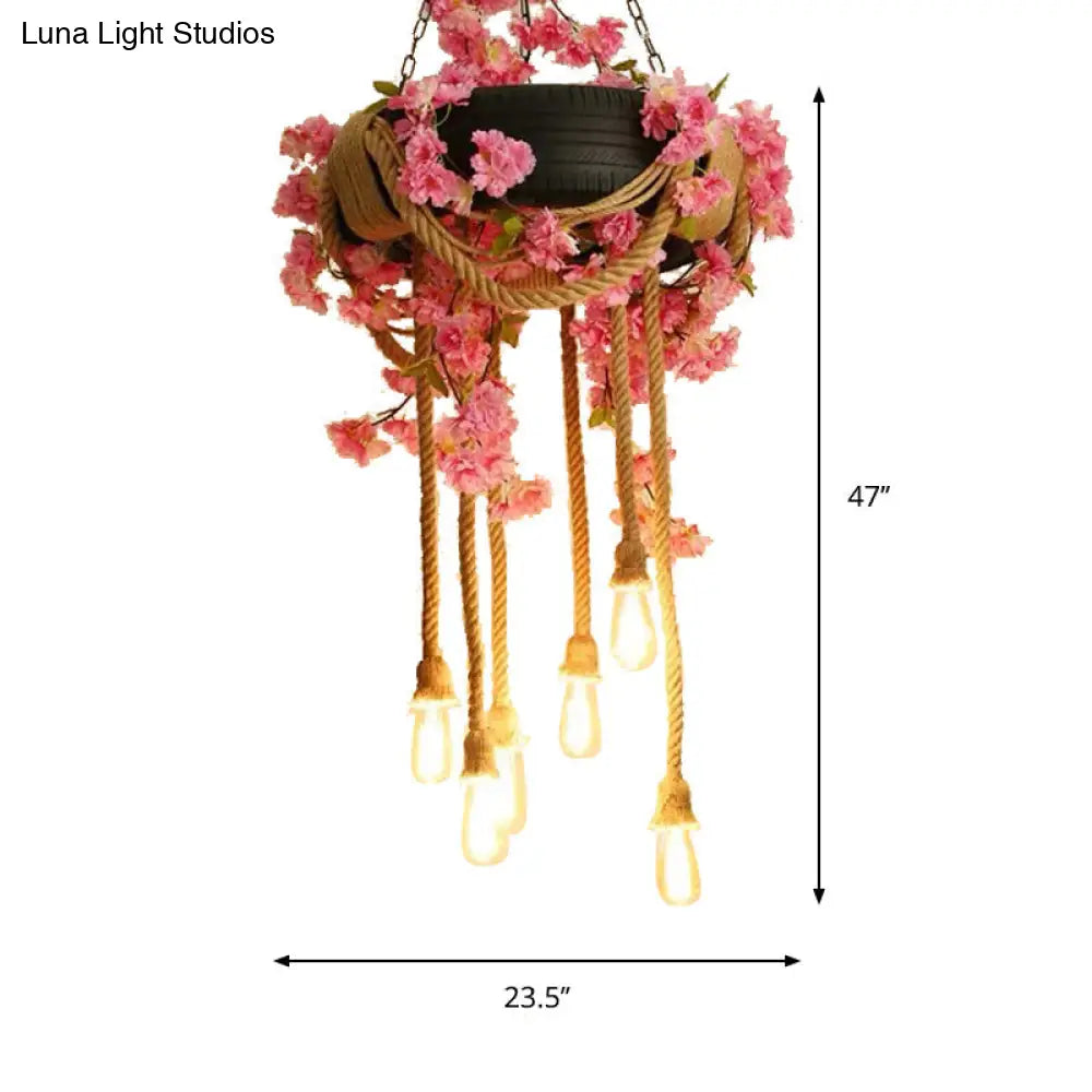Lámpara de araña colgante de cuerda de cáñamo rosa/verde de 6 luces con bombilla expuesta y decoración de neumático de goma