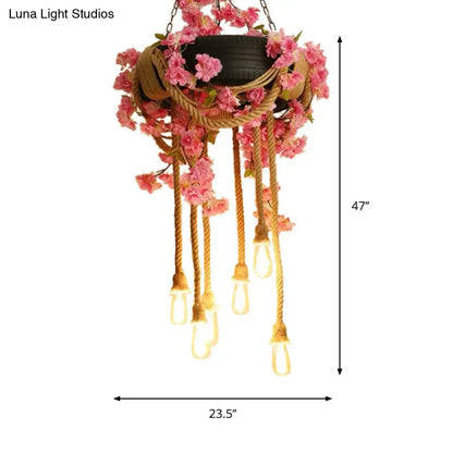 Lámpara de araña colgante de cuerda de cáñamo rosa/verde de 6 luces con bombilla expuesta y decoración de neumático de goma