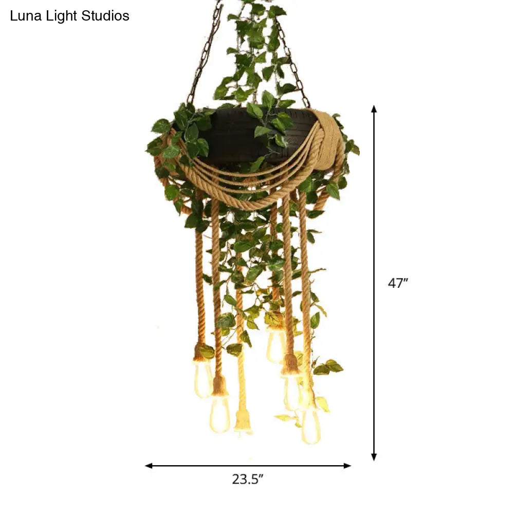 Lámpara de araña colgante de cuerda de cáñamo rosa/verde de 6 luces con bombilla expuesta y decoración de neumático de goma