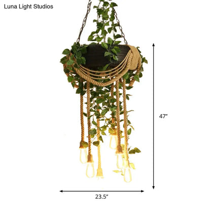 Lámpara de araña colgante de cuerda de cáñamo rosa/verde de 6 luces con bombilla expuesta y decoración de neumático de goma