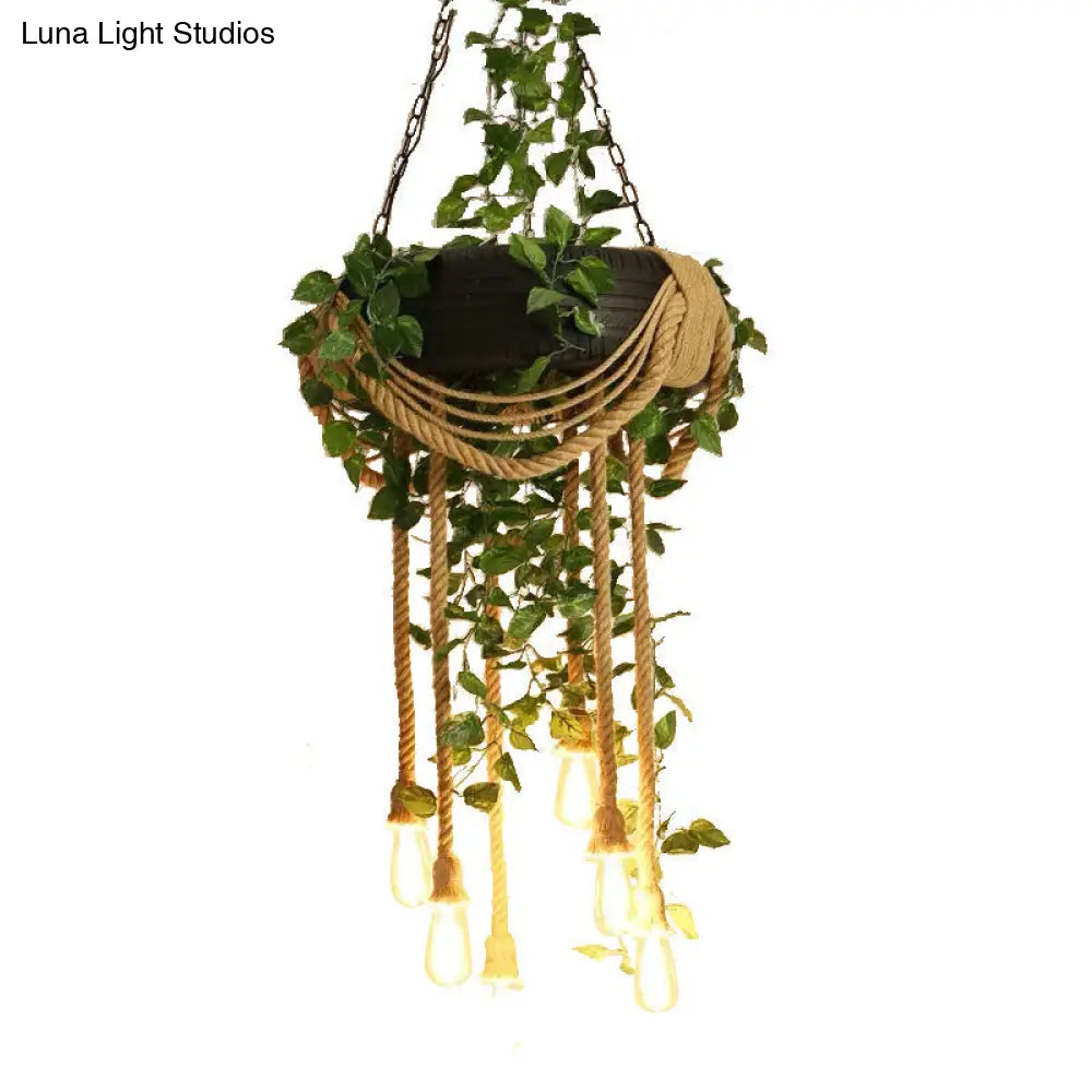 Lámpara de araña colgante de cuerda de cáñamo rosa/verde de 6 luces con bombilla expuesta y decoración de neumático de goma