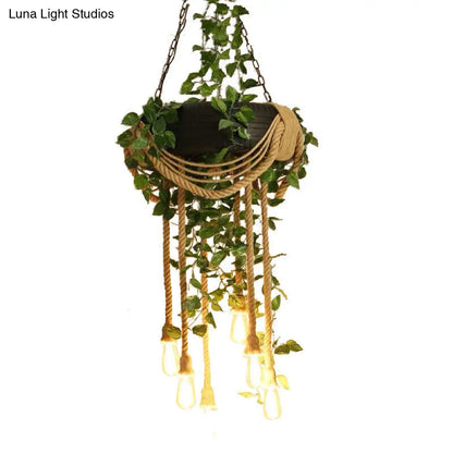 Lámpara de araña colgante de cuerda de cáñamo rosa/verde de 6 luces con bombilla expuesta y decoración de neumático de goma